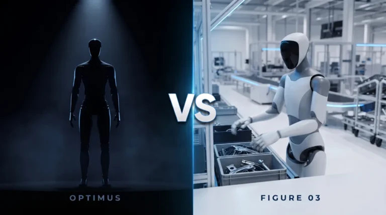 Tesla Optimus vs Figure 03: the unrevealed Optimus as a silhouette versus Figure 03 sorting parts in a factory