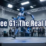 Unitree G1 price hero: the Unitree G1 humanoid robot on a demo stage, price analysis 2026