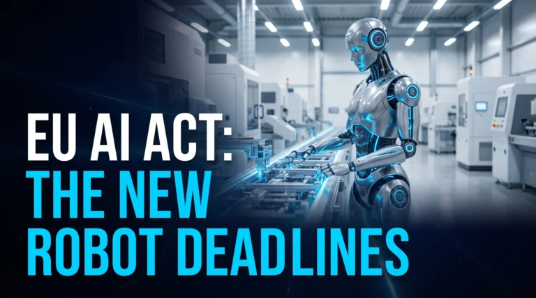 Humanoid robot on a factory floor under the headline EU AI Act: The New Robot Deadlines, the cover of the EU AI Act for humanoid robots timeline