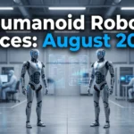 Humanoid robot prices August 2026: two humanoid robots compared with holographic spec panels