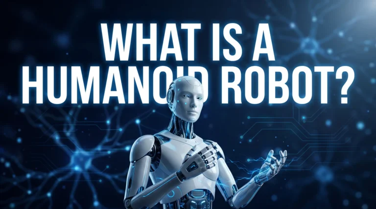 Humanoid robot under the glowing headline What Is a Humanoid Robot, cover of the TARFT definition guide