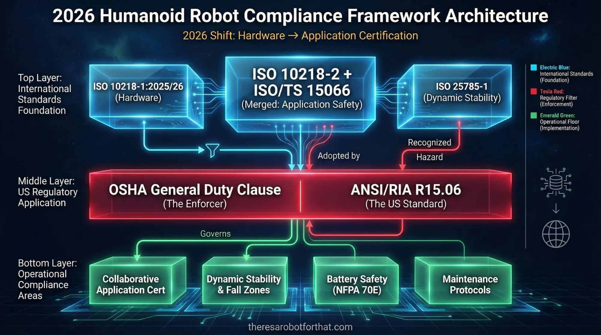 2026 Humanoid Robot Compliance Framework Architecture showing three layers: International Standards (ISO 10218, ISO 25785-1), US Regulatory (OSHA, ANSI/A3 R15.06), and Operational Compliance Areas