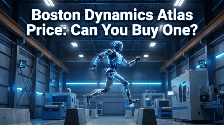 AI-generated illustration of a humanoid robot leaping across a factory floor, cover image for the Boston Dynamics Atlas price guide
