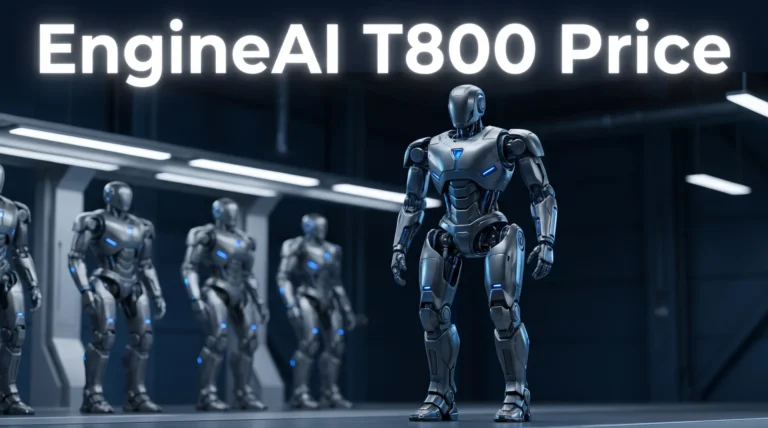 AI-generated illustration of a full-size humanoid robot in an assembly hall, cover image for the EngineAI T800 price guide