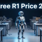 AI-generated illustration of a compact humanoid robot in a robotics classroom, cover image for the Unitree R1 price guide